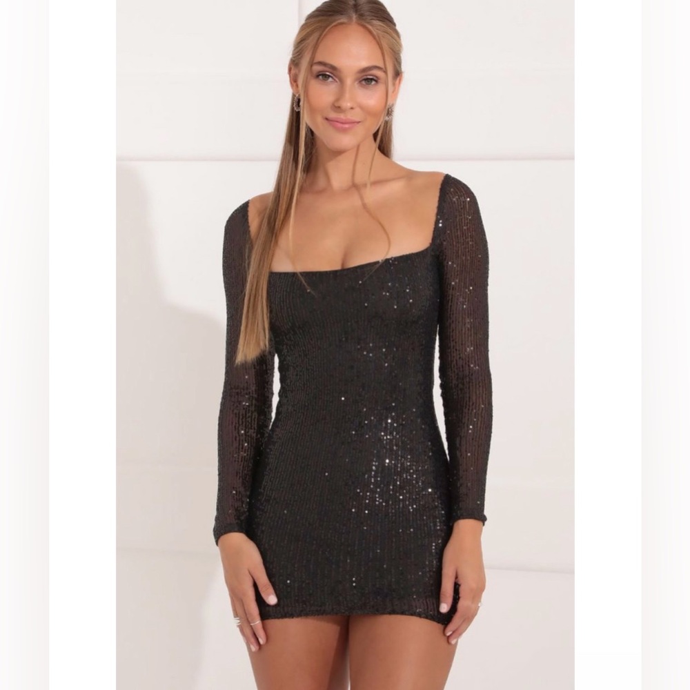 NEW Giulia Square Neck Dress in Black Sequin